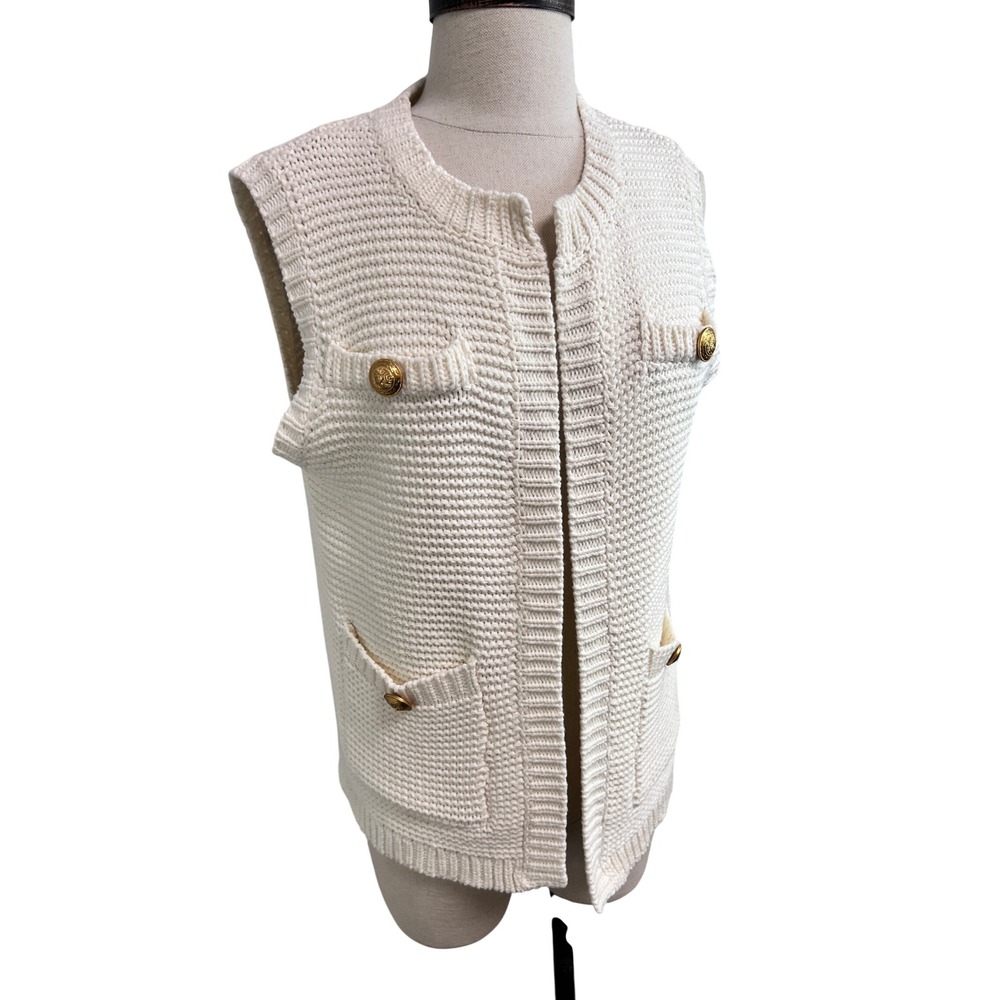 John + Jenn Knit Vest Women S Cream Excellent Gold Button Front Pockets Layering